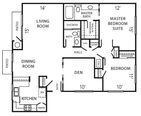 Floor plan for 2 beds, 2 baths, 1200 sqft
